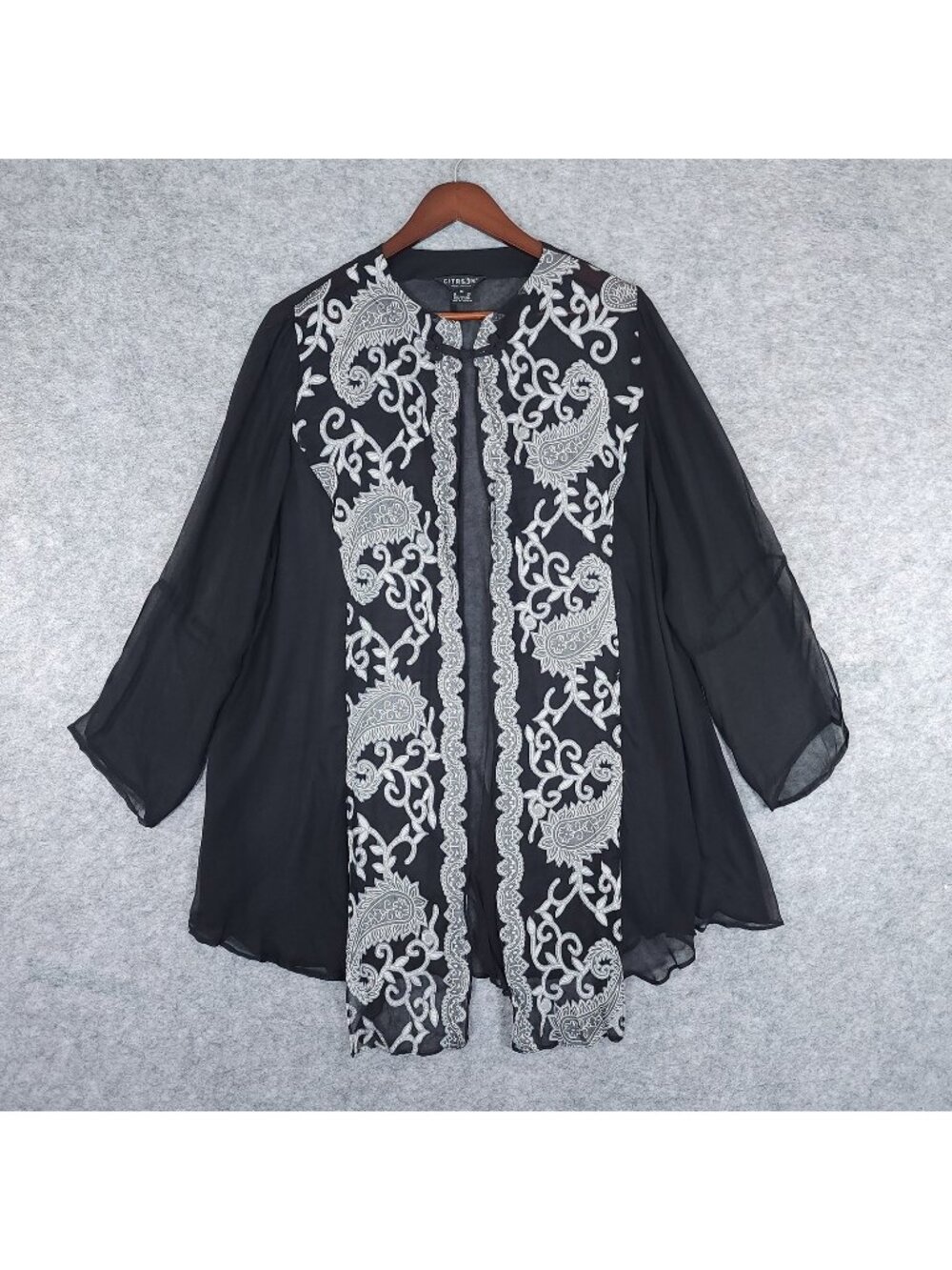 Citron Santa Monica Silk Chiffon Kimono Duster Black Paisley Sheer Open Front 1X